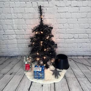 Mini 6 Piece Black Christmas Holiday Tree & Ornaments, Tree Skirt & Star Lot